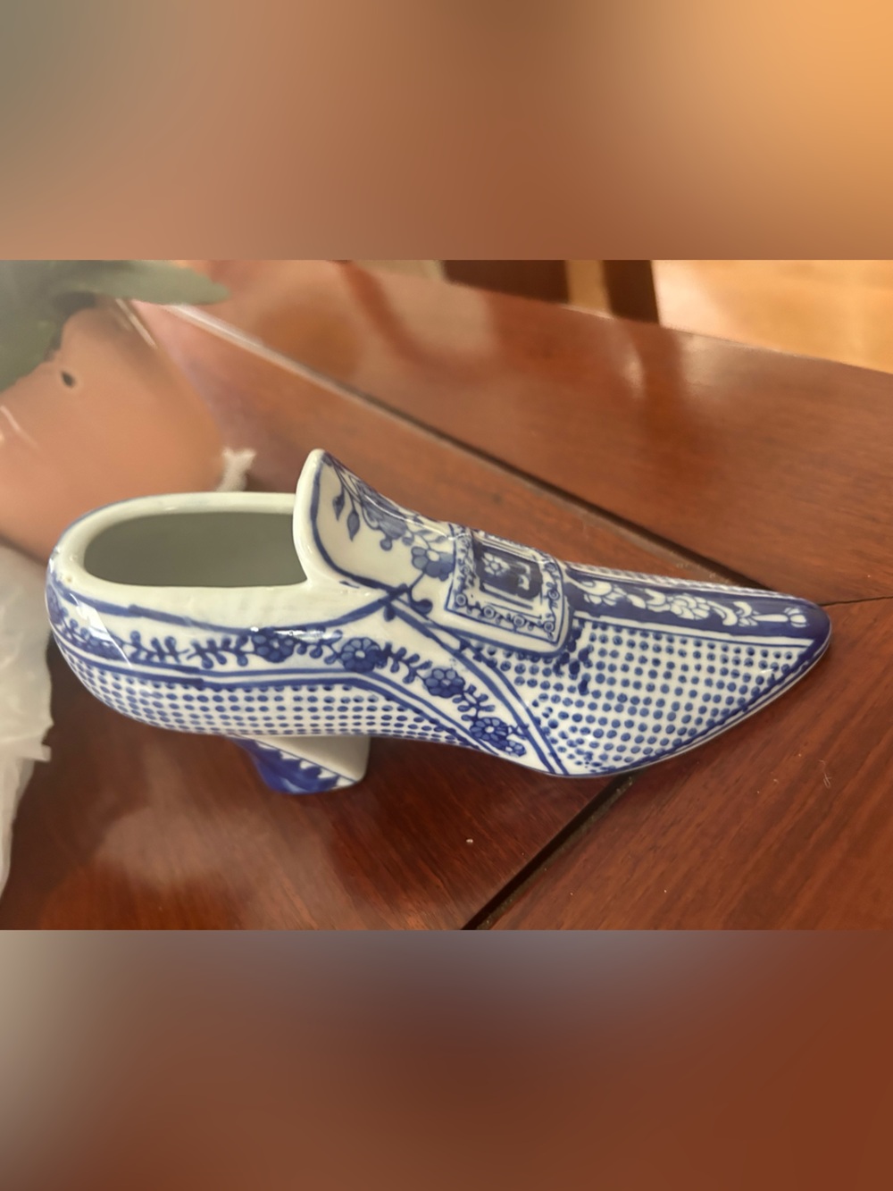 Blue and White Ceramic Heel Decorative Shoe